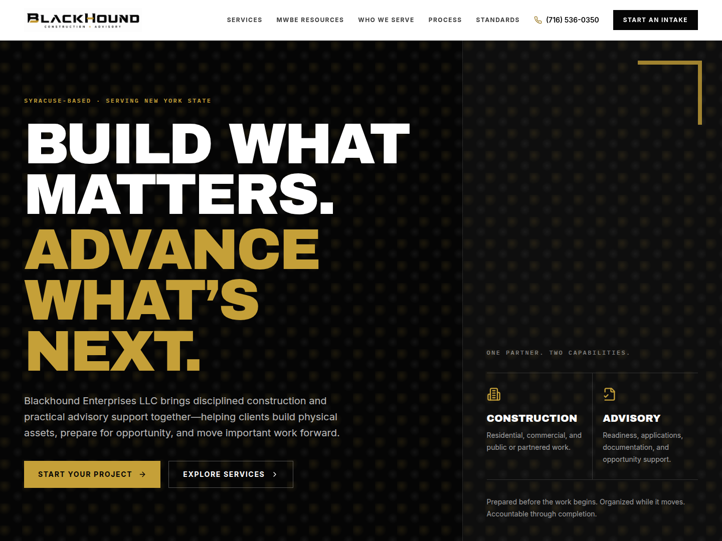 Blackhound Enterprises construction and advisory website with black, white, and gold branding