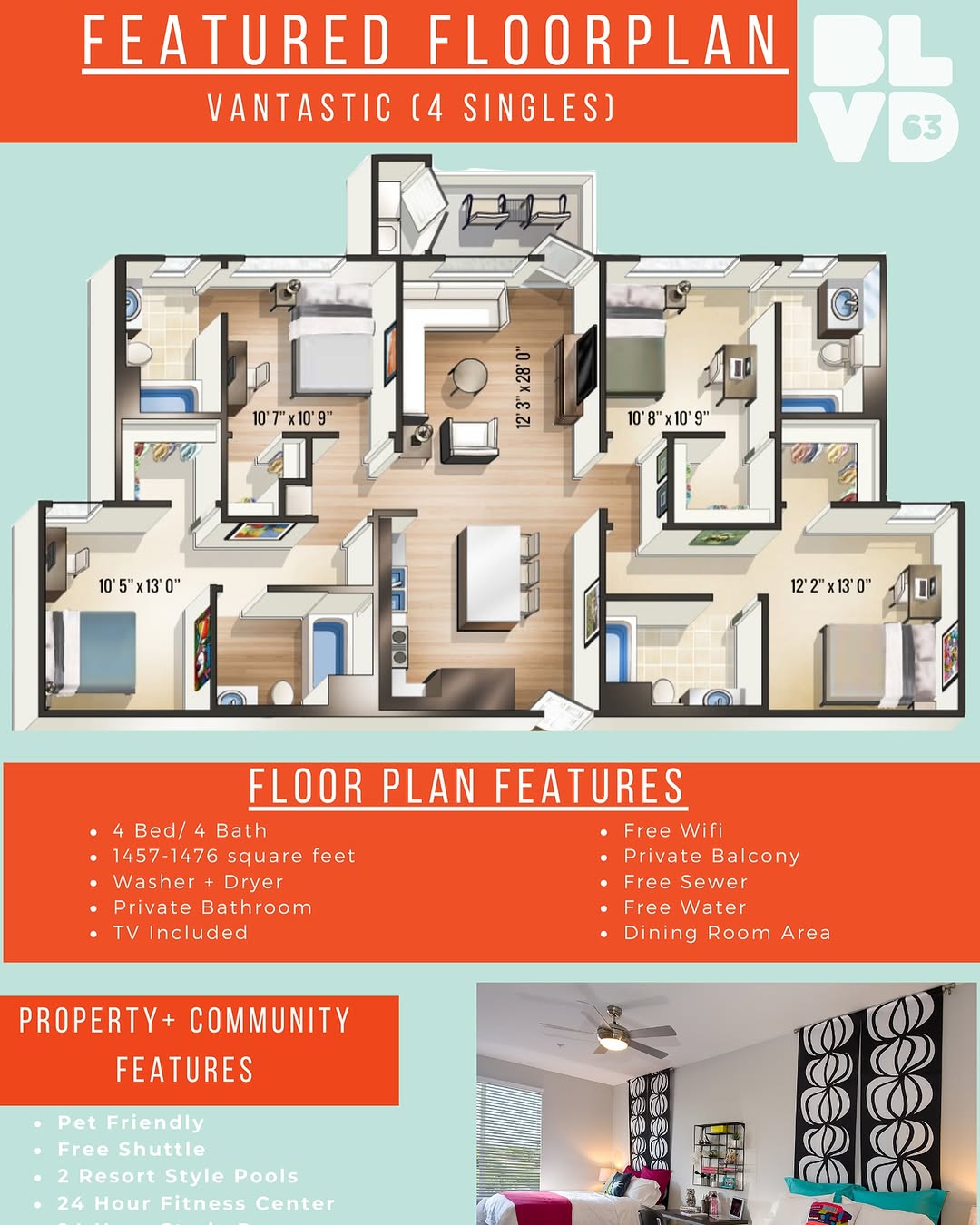 BLVD 63 featured four-bedroom floor-plan marketing graphic created for social media